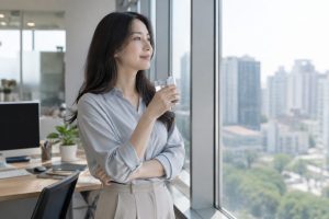 업무 중 자리에서 일어나 잠시 쉬는 모습