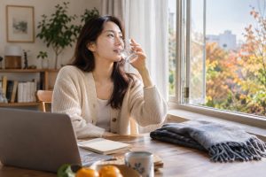 환절기 아침에 물을 마시며 일상을 시작하는 모습